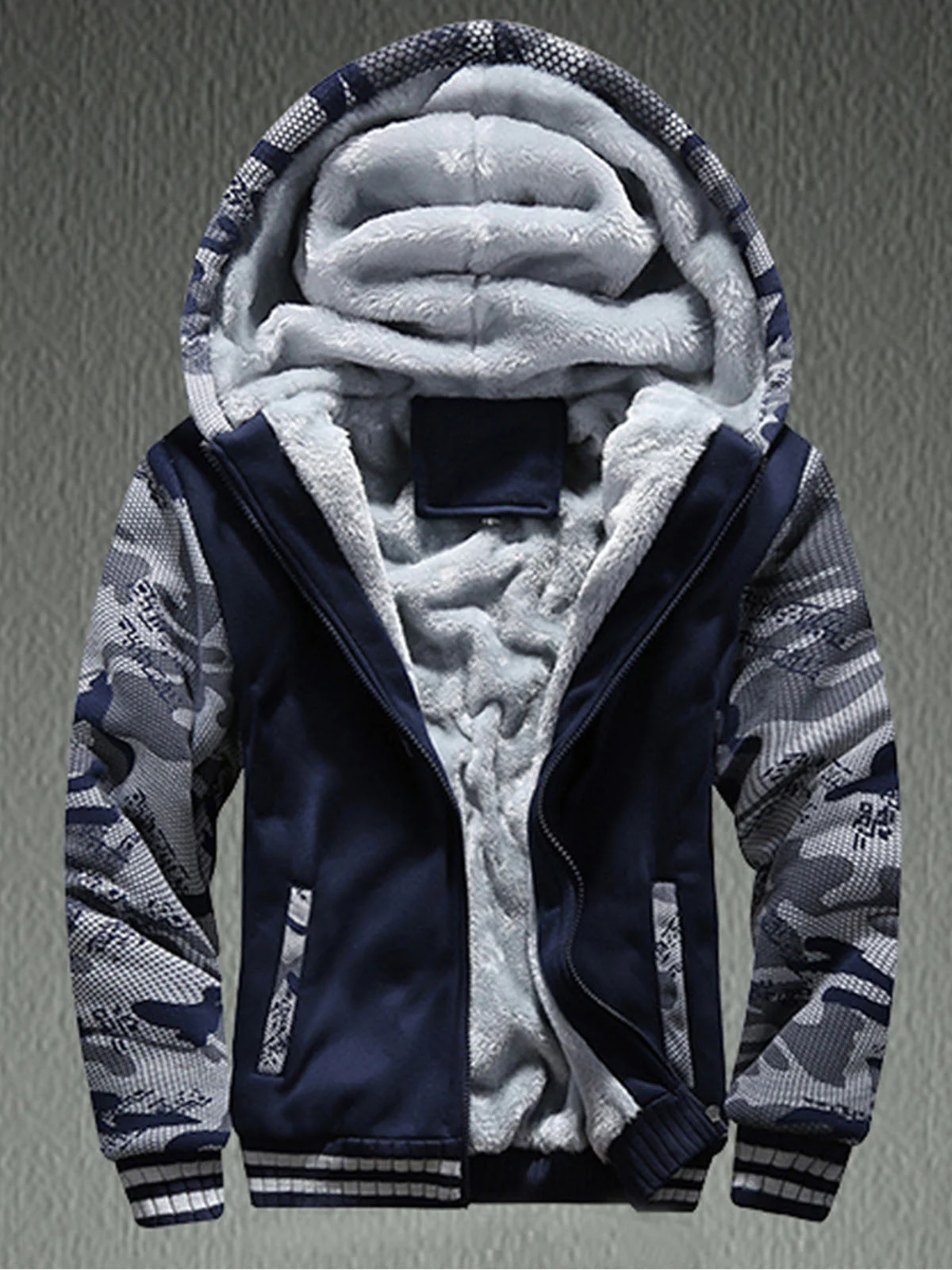 Man Casual Fleeced Hoodie Color-block Coats - Image 5