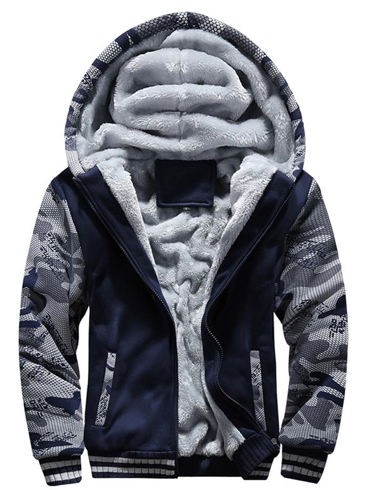 Man Casual Fleeced Hoodie Color-block Coats - Image 9