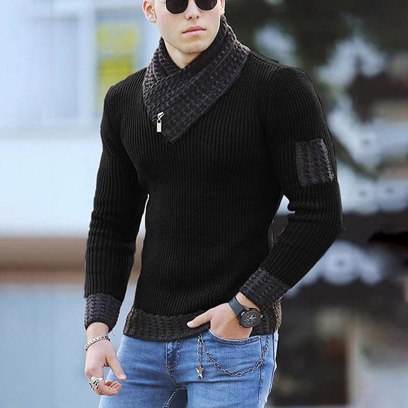 Men Two-tone Patch Collar Scarf Sweater - Image 10