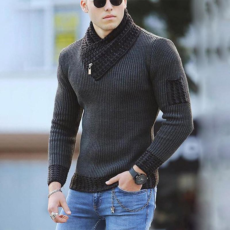 Men Two-tone Patch Collar Scarf Sweater - Image 5