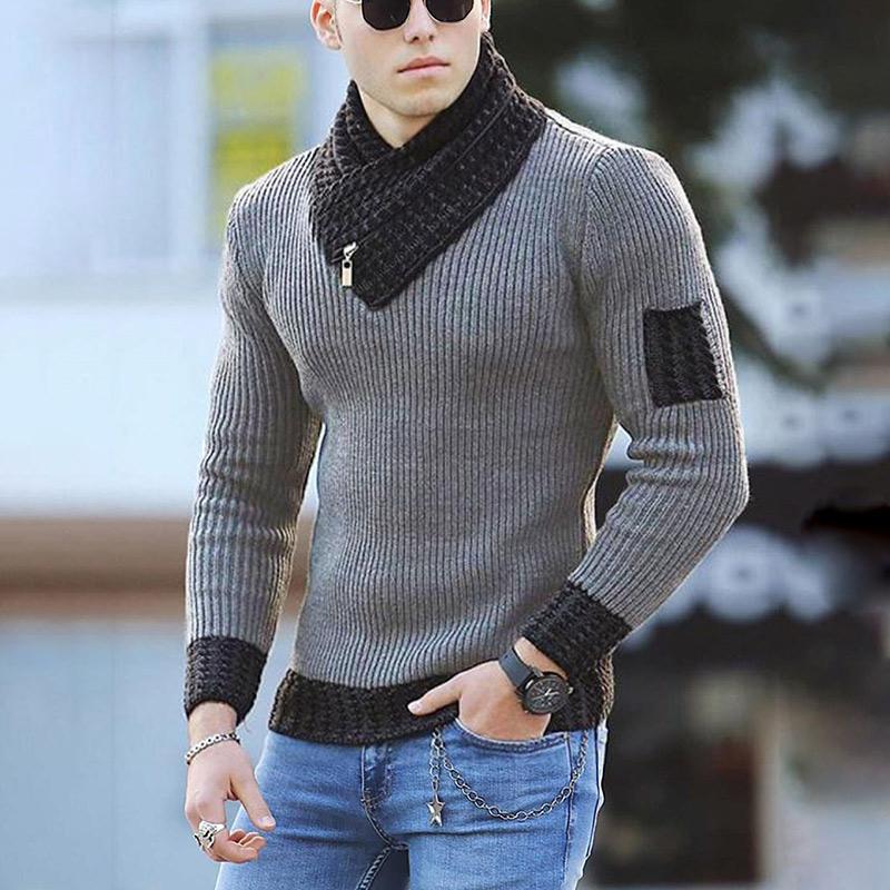 Men Two-tone Patch Collar Scarf Sweater - Image 6