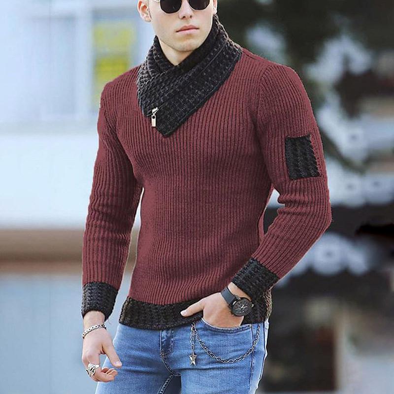 Men Two-tone Patch Collar Scarf Sweater - Image 7