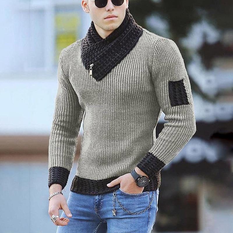 Men Two-tone Patch Collar Scarf Sweater - Image 8