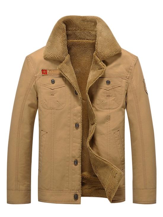 Men's Solid Color Appliques Button Up Plush Jacket Coat - Image 12