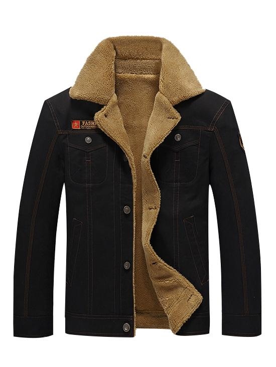 Men's Solid Color Appliques Button Up Plush Jacket Coat - Image 8