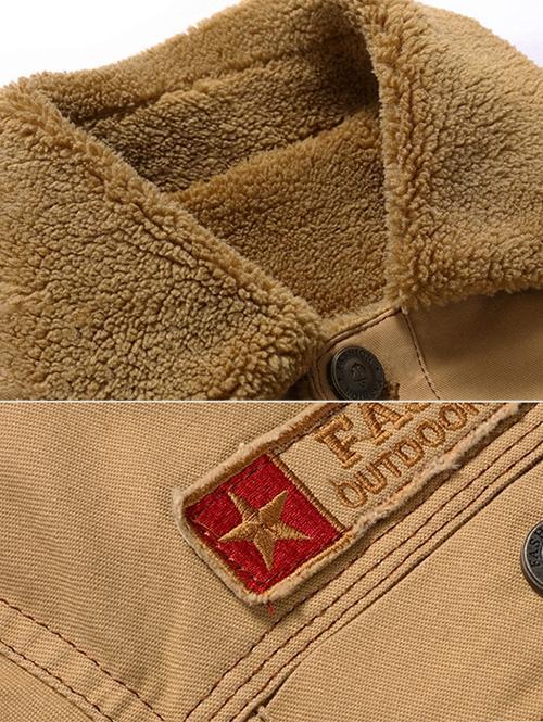 Men's Solid Color Appliques Button Up Plush Jacket Coat - Image 9